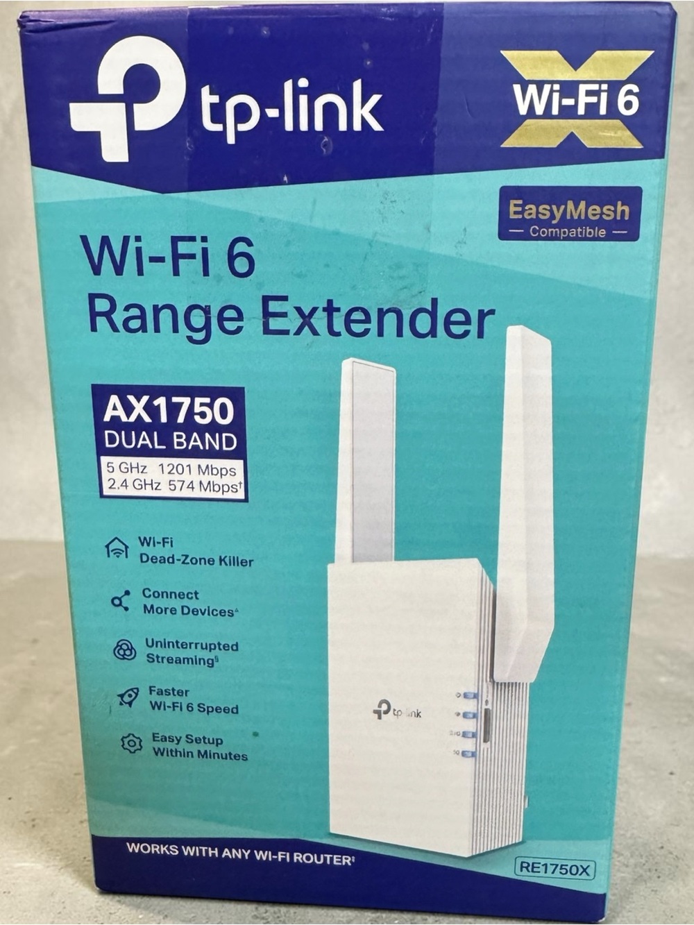 TP-Link Wi‑Fi 6 AX1750 Dual-Band Range Extender - White and Teal Packaging